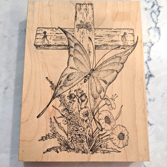 Cross Easter Wooden Craft Stamp with Butterfly and Flowers
